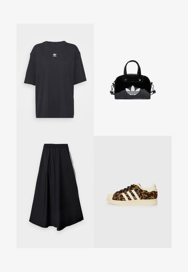 Schwarzes Baumwoll-T-Shirt mit kurzen Ärmeln, rundem Halsausschnitt, mit einem weißen Adidas-Logo auf der Brust. Einfaches Design, lockere Passform.; Schwarze weit geschnittene Hose mit elastischem Bund und weißen Seitenstreifen, vor einem schlichten weißen Hintergrund präsentiert.; Leopardenmuster-Sneaker mit schwarzen Schnürsenkeln, weißem Drei-Streifen-Design, cremefarbenem Gummispitze und -sohle sowie strukturiertem Obermaterial.; Schwarze Handtasche aus Lackleder mit abgerundeter Form, doppelten Tragegriffen, silbernen Akzenten und einem auffälligen weißen Logo auf der Vorderseite.