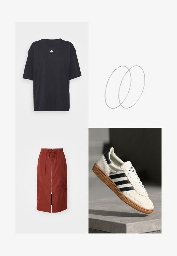 Must must t-särk lühikeste varrukatega, ümmargune kaelus, rinnal valge Adidas logo. Lihtne disain, mugav lõige.; Keskmise pikkusega seelik terrakota punases, millel on eesne lukuga, elastne vöökoht koos tõmblukuga ja küljetaskud geomeetrilise mustriga.; Valge suede toss, millel on tumesinised triibud, kummist alus, tekstureeritud pealis, ümar varvas ja paelad; külgedel ja keelel on brändingu elemendid.; Hõbedased rõngastikkaehingad minimalistlikus disainis. Ümar kuju, sile tekstuur ja õhuke profiil. Kerged ning poleeritud viimistlusega.
