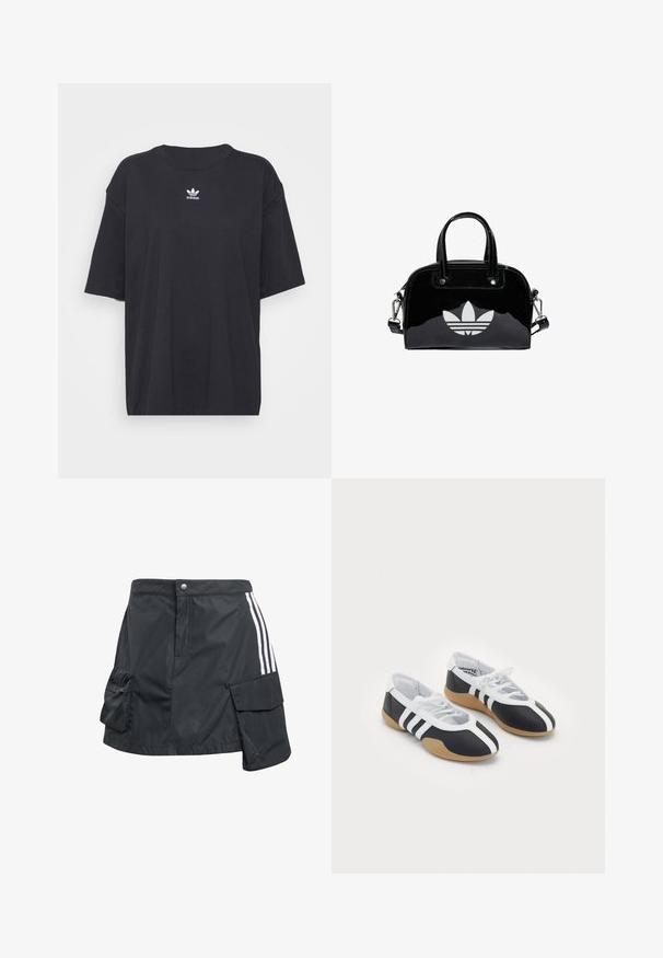 Čierne bavlnené tričko s krátkymi rukávmi, okrúhlym výstrihom, na hrudi s bielym logom Adidas. Jednoduchý dizajn, voľný strih.; Čierna, ľahká sukňa vyrobená z nylónu s predným zapínaním na gombíky, bočnými vreckami a bielymi prúžkami po stranách.; Čierne a biele športové topánky s elegantným dizajnom, gumovou podrážkou, šnurovaním a tromi bielymi prúžkami na bokoch.; Čierna lakovaná kožená kabelka s okrúhlym tvarom, dvojitými hornými rúčkami, striebornými akcentmi a výrazným bielym logom na prednej strane.