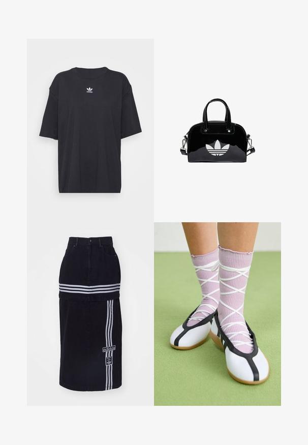 Zwarte katoenen T-shirt met korte mouwen, ronde halslijn, voorzien van een wit Adidas-logo op de borst. Eenvoudig ontwerp, comfortabele pasvorm.; Zwarte spijkerrok met een hoge taille, voorzien van twee witte horizontale strepen, een Adidas logo tag aan de zijkant en een recht gesneden ontwerp.; Benen met geribbelde lavendelkleurige sokken met witte kruisbanden, gecombineerd met witte ballerina's met zwarte bies op een groene vloer.; Zwarte gepatenteerde leren handtas met een afgeronde vorm, dubbele handvaten bovenaan, zilveren accenten en een opvallend wit logo aan de voorkant.