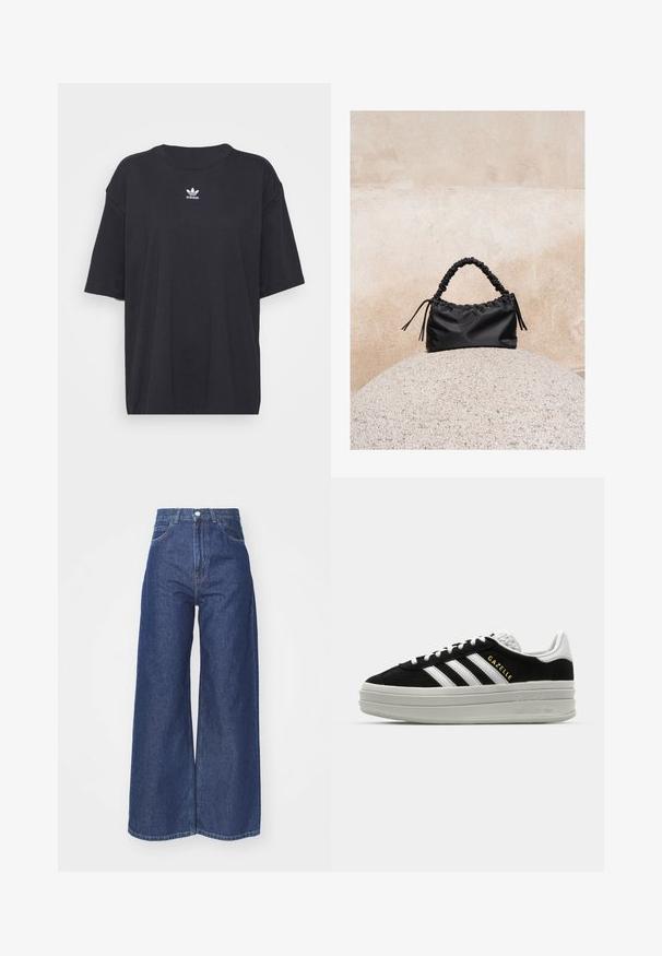 Zwarte katoenen T-shirt met korte mouwen, ronde halslijn, voorzien van een wit Adidas-logo op de borst. Eenvoudig ontwerp, comfortabele pasvorm.; Wijd-uitlopende jeans van donkerblauwe denim. Hoge taille met een ritssluiting en knoopsluiting. Bevat klassieke vijf-pocket styling en gezoomde randen.; Zwarte suède sneaker met witte leren accenten, drie witte strepen, platte veters en een dikke grijze platformzool. Gouden "Gazelle" branding.; Zwarte gerimpelde handtas met een samengevoegde handvat, rustend op een gestructureerde stenen bol tegen een beige betonnen muur.