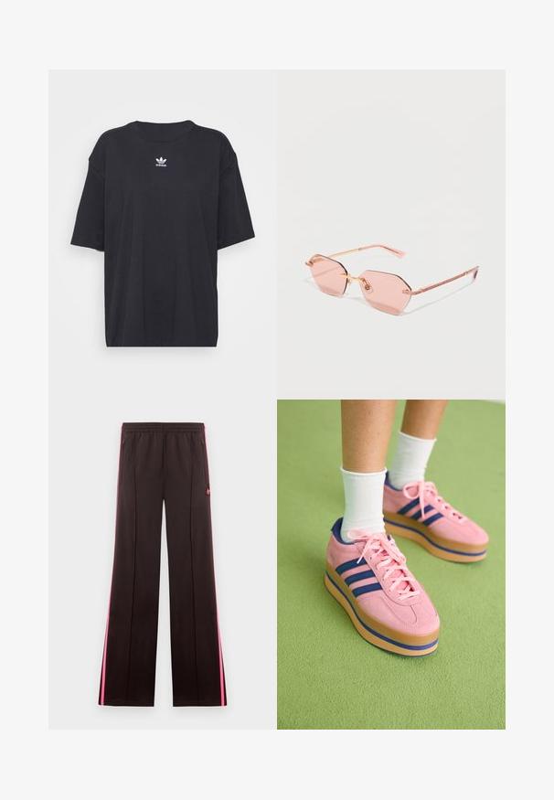 Čierne bavlnené tričko s krátkymi rukávmi, okrúhlym výstrihom, na hrudi s bielym logom Adidas. Jednoduchý dizajn, voľný strih.; Čierne športové nohavice s ružovými bočnými pruhmi, elastickým pásom, vreckami so zipsom a logom Adidas na ľavom stehne.; Ružové semišové platformové tenisky s modrými pruhmi a ružovými šnúrkami. Tlustá béžová podrážka s modrým akcentom. Nosí sa s bielymi členkovými ponožkami na zelenej ploche.; Heksagonálne slnečné okuliare s priehľadnými ružovými šošovkami a zlatým kovovým rámom. Klasické nožičky majú textúrovaný ružový akcent, ktorý ponúka unikátny dizajn.