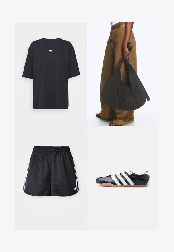 Camiseta de algodón negra con mangas cortas, cuello redondo, presenta un logo blanco de Adidas en el pecho. Diseño simple, ajuste relajado.; Bermudas deportivas negras con cintura elástica, detalles de tres rayas blancas a los lados y un pequeño logo en el dobladillo inferior.; Zapatilla negra con rayas blancas y correas de velcro, superficie texturizada y suela de goma color caramelo, mostrada de lado sobre un fondo blanco.; Persona con pantalones marrones de pata ancha y top blanco sosteniendo un gran bolso negro blando por la correa a su lado.