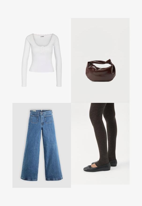 Wit geribd shirt met lange mouwen, een ronde halslijn, drie kleine knoopjes aan de voorkant en kantafwerking rond de kraag.; Blauwe hoge taille wijde benen jeans met voorzakken, riemlussen, knoopsluiting en ritssluiting op een effen achtergrond.; Benen met donkere geribbelde leggings gecombineerd met zwarte ballerina's met kleine strikdetails op een witte achtergrond.; Donkerbruine leren schoudertas met een zachte, slungelige vorm en een gedraaide knoopvormige handgreep op een effen witte achtergrond.