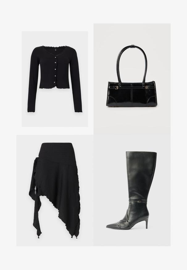 Cardigan court noir à manches longues avec petits boutons blancs, bords froncés au niveau de l'encolure, de l'avant, de l'ourlet et des poignets.; Jupe noire asymétrique en tissu texturé avec un ourlet irrégulier, présentant un design drapé et superposé ainsi qu'un détail de lien sur un côté.; Bottes noires en cuir montant jusqu'au genou, avec un talon fin, un bout pointu et des détails de lanière à la cheville. Texture lisse et design ajusté.; Sac à main rectangulaire noir brillant avec deux fines bretelles et petits détails de boucles dorées à l'avant.