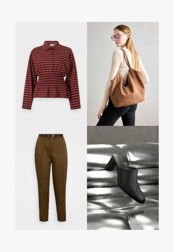 Camisa burdeos de manga larga con rayas blancas, tapeta de botones en la parte delantera, cintura elástica fruncida y cuello.; Pantalones marrones ajustados con una tela suave, que presentan pliegues frontales y un cinturón de cuero marrón con una hebilla plateada. Diseño elegante y ajustado.; Mula de cuero negro con tacón ancho descansando sobre una superficie plateada brillante acolchada, destacando su diseño elegante y detalles curvados.; Bolso de tote de ante marrón con textura suave, gran abertura y asas largas. Presenta un diseño sencillo con costuras visibles y sin herrajes.