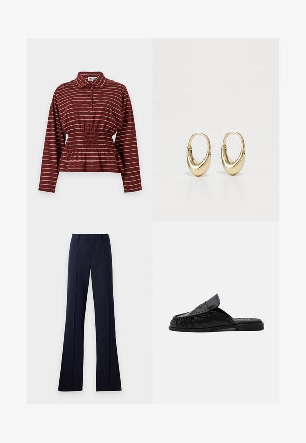 Bordeauxrode blouse met lange mouwen en witte strepen, knoopsluiting aan de voorkant, geplooide elastische taille en kraag.; Navyblauwe, uitlopende broek gemaakt van een gladde stof. Heeft een platte voorkant, riemlussen en persplooien. Geen zichtbare patronen of accenten.; Zwarte leren instap mule met platte zool, mocassinachtige stiksels en een gevouwen tongdetail op een effen achtergrond.; Gouden hoopoorbellen met een gebogen, buisvormige vorm. Glad, glanzend oppervlak met een naadloze scharnierbevestiging. Eenvoudig en elegant ontwerp.