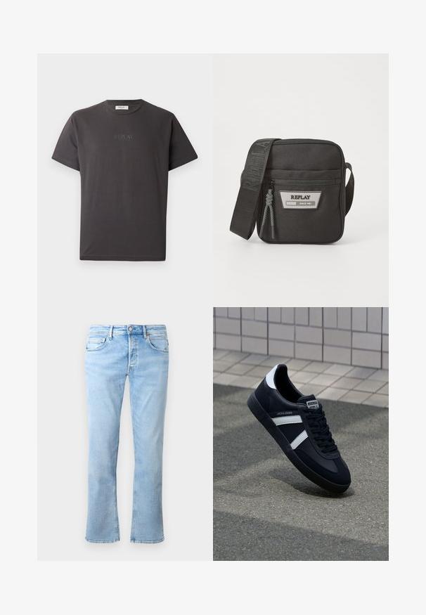 Mørkegrå kortærmet bomulds-t-shirt med et diskret reliefprint af "REPLAY" logoet foran. Rund halsudskæring og afslappet pasform.; Lyseblå denimjeans har en lige ben-design, fem lomme-styling og en knaplukning. Stoffet har en glat tekstur med falmede accenter.; Sort lædersneaker med hvide striber, tekstureret gummisål og snørrebånd foran. Har et brandet mærke på tungen.; Sort stof crossbody-taske med justerbar rem, lynlåslukning, frontlogo-patch og vævede detaljerne. Kompakt rektangulær form.