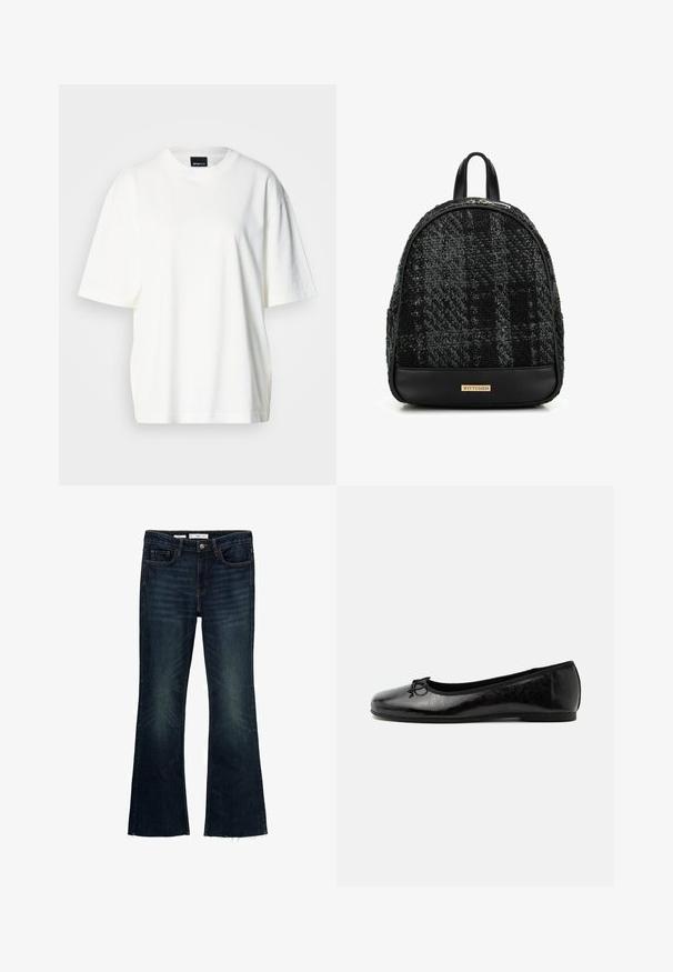 Weißes übergroßes T-Shirt aus Baumwolle, mit Rundhalsausschnitt und kurzen Ärmeln. Glatte Textur und lockere Passform.; Ausgestellte dunkelblaue Denim-Jeans mit verblassten Akzenten, fünf Taschen und einem rohen Saum. Aus Baumwolle mit einem Knopfverschluss und Gürtelschlaufen gefertigt.; Schwarzer glänzender Leder-Ballerina mit niedrigem Absatz und kleiner dekorativer Schleife vorne, seitlich auf hellem einfarbigem Hintergrund gezeigt.; Schwarzer, strukturierter Rucksack mit einem geflochtenen Muster, runder Form, Lederakzenten und einem metallischen Logoplatten an der Unterseite.