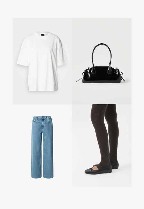 Hvid oversized t-shirt lavet af bomuld, med rund halsudskæring og korte ærmer. Glat tekstur med en afslappet pasform.; Blå denim bukser med brede ben og høj talje, der har bæltestropper, lynlås og frynser ved kanten. Stofmaterialet har en blød, glat tekstur.; Ben iført mørke ribbede leggings kombineret med sorte balletsko med små sløjfedetaljer på hvid baggrund.; Lille sort blank håndtaske med to lange håndtag og snøre-detaljer i siden på en ensfarvet lys baggrund.