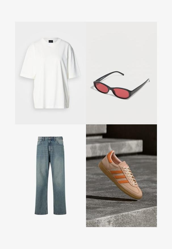 Weißes übergroßes T-Shirt aus Baumwolle, mit Rundhalsausschnitt und kurzen Ärmeln. Glatte Textur und lockere Passform.; Hellblaue Jeans aus Denim mit geradem Schnitt, fünf Taschen-Design, kontrastierenden Nähten und einem klassischen Bund mit Knopfverschluss.; Beiger Sneaker mit orangen Streifen, gepolstertem Kragen, strukturierter Gummisohle und weißen Schnürsenkeln. Mit einem "Spezial"-Logo an der Seite.; Schwarze ovale Sonnenbrille mit schlanken Bügeln und rot getönten Gläsern, die auf einer weißen Oberfläche liegt.