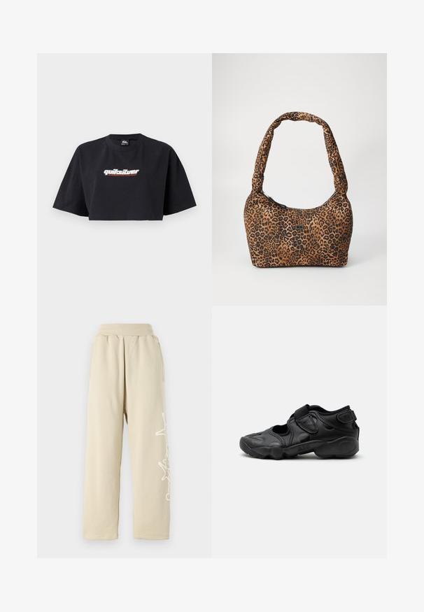 Čierny crop top tričko, krátke rukávy, vyrobené z bavlny. Na prednej strane zobrazuje logo "Quiksilver Boarding Company" v bielej a červenej farbe.; Beige, voľné tepláky s elastickým pásom, bočnými vreckami a bielym grafickým detailom pozdĺž ľavého stehna. Mäkký bavlnený materiál.; Čierna športová sandála s uzavretou špičkou, suchými zipsami na priehlavku a päte a hrubou vystlanou podrážkou označenou "AIR" na boku.; Taška so vzorom leopardích škvrn v hnedej a čiernej farbe, zaobleného tvaru, s jemnou textúrou a širokým, polstrovaným ramenným popruhom. Detail s uzatváraním na zips.