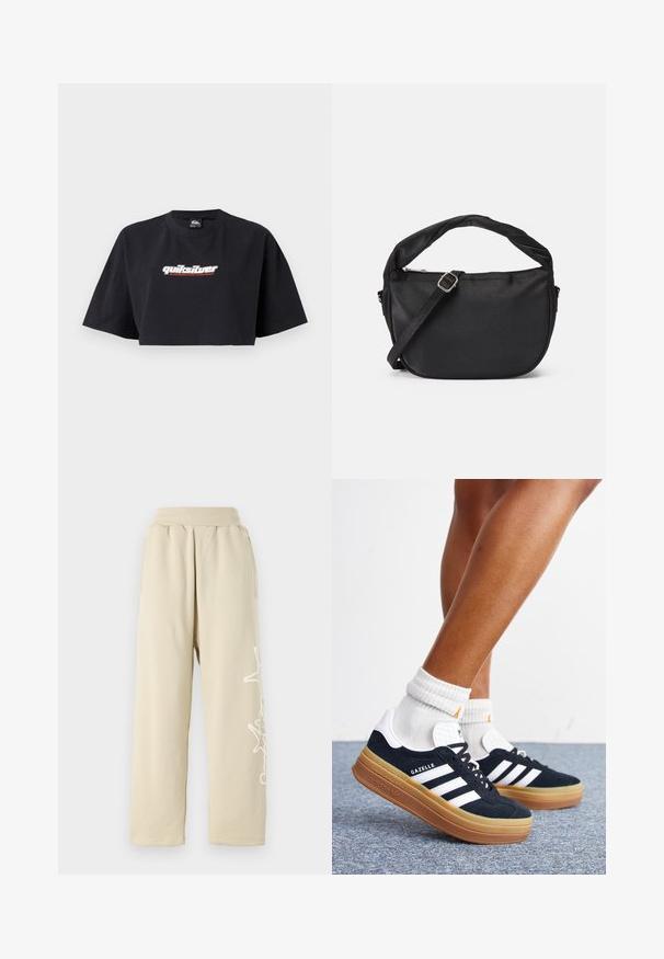 Čierny crop top tričko, krátke rukávy, vyrobené z bavlny. Na prednej strane zobrazuje logo "Quiksilver Boarding Company" v bielej a červenej farbe.; Beige, voľné tepláky s elastickým pásom, bočnými vreckami a bielym grafickým detailom pozdĺž ľavého stehna. Mäkký bavlnený materiál.; Nohy v bielych ponožkách a čiernych teniskách Adidas Gazelle s bielymi pruhmi a hrubými hnedými podrážkami na sivom koberci.; Čierna látková taška na rameno s prekrútenou rukoväťou, odnímateľným popruhom a zipsom na vrchnom uzáveru. Hladký povrch a minimalistický dizajn.