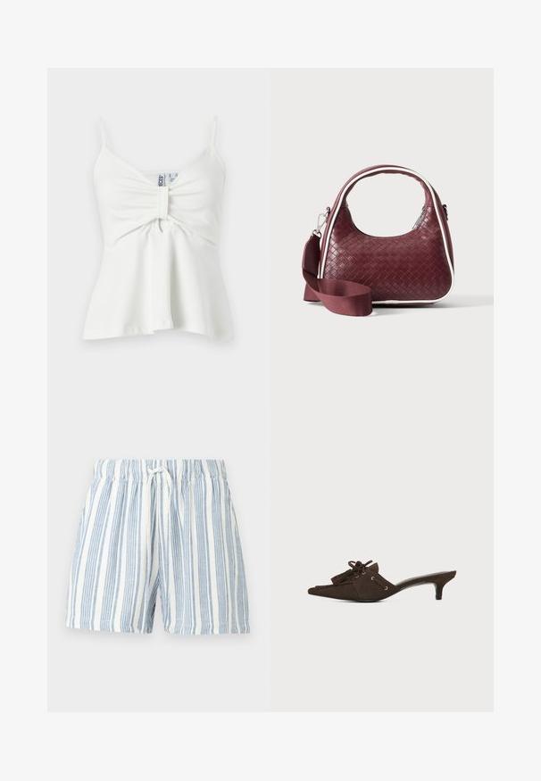 Camisole blanche sans manches avec fines bretelles, devant central froncé avec détail en boucle de tissu et ourlet légèrement évasé.; Short blanc avec des rayures verticales bleu clair, taille élastique et cordon blanc à nouer devant au centre.; Mule en daim marron avec bout pointu, petit talon kitten, lacets noués en nœud et détails à pompons sur fond blanc.; Sac à main en cuir tressé marron foncé avec poignée courbée, garniture blanche, fermeture éclair argentée et bandoulière large en tissu amovible sur fond uni.