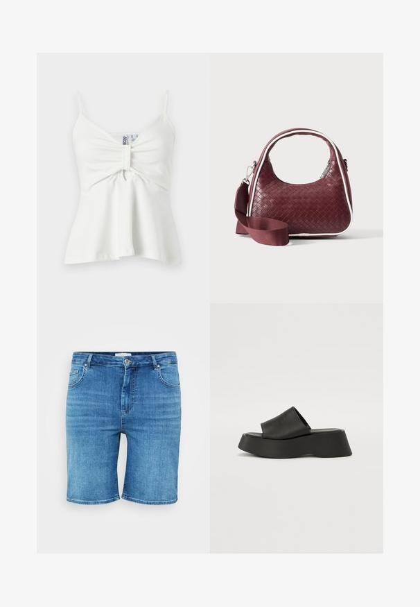 Hvid ærmeløs camisole med tynde stropper, en central rynket front med stofløkke-detalje og en let udvidet kant.; Denim shorts i mellemblå farve, med lige snit, fem-lomme design og knaplukning. Blød tekstur, rene kantede kanter.; Sorte platform sandaler med en bred rem og chunky sål. Lavet af glat materiale med en mat finish og uden synligt hardware.; Mørkerød vævet lædertaske med buet hank, hvid kant, sølv lynlås og aftagelig bred stofskulderrem mod en ensfarvet baggrund.