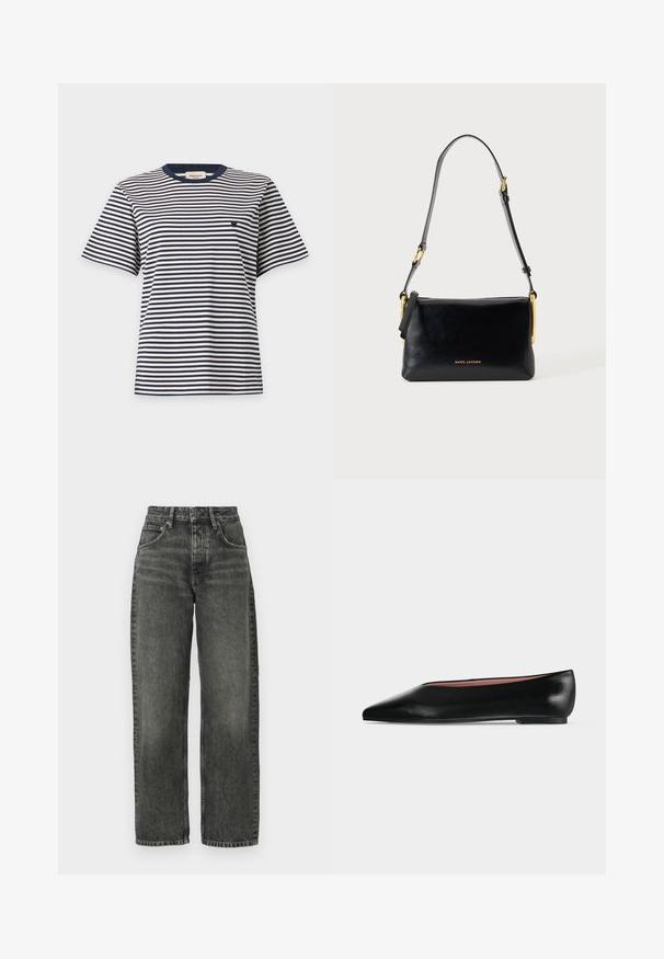 Kortærmet skjorte med sort-hvide vandrette striber og et lille broderet logo på venstre bryst, vist på en ensfarvet baggrund.; Won Hundred ALEXANDRA - Jeans Relaxed Fit - tinted black; Sort damesko i læder med flad hæl og spids tå, vist fra siden på en ensfarvet lys grå baggrund.; Sort skuldertaske i læder med justerbar rem og guldfarvede detaljer, med lille gyldent "Marc Jacobs" logo midt foran.