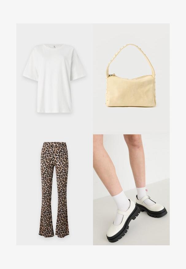 Camiseta blanca de manga corta hecha de algodón. Cuello redondo y ajuste relajado. Textura suave sin patrones visibles ni detalles de hardware.; Pantalones acampanados de estampado de leopardo en tono marrón y negro, hechos de una tela suave con una textura lisa, con una cintura ajustada y un dobladillo acampanado.; Zapatos Mary Jane de cuero blanco brillante con una suela negra gruesa, que cuentan con una correa en el empeine y se llevan con calcetines blancos.; Pequeño bolso de cuero beige con una sola correa y tachuelas plateadas a lo largo de los bordes y la correa, sobre un fondo liso.