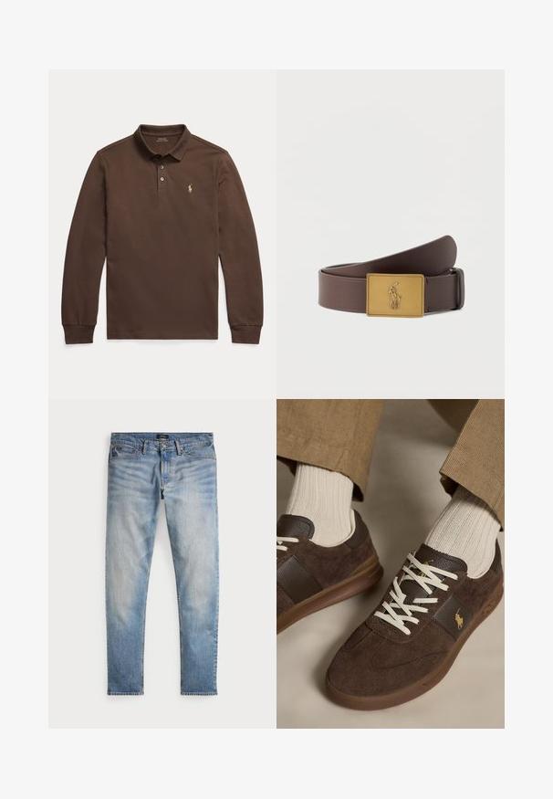 Tricou polo maro cu mâneci lungi, cu guler și doi nasturi, având un mic logo brodat pe pieptul stâng.; Jeans din denim de culoare albastru deschis, cu un finisaj uzat, design cu cinci buzunare și cusături contrastante. Prezintă un fermoar și laice pentru curea. Croi drept.; Adidași maro din piele întoarsă cu șireturi albe purtați cu șosete bej cu dungi și pantaloni maro deschis.; Curea maro din piele, cu o cataramă aurie dreptunghiulară, având o figura în relief a unui jucător de polo călărind un cal și ținând un ciocan de lovit.