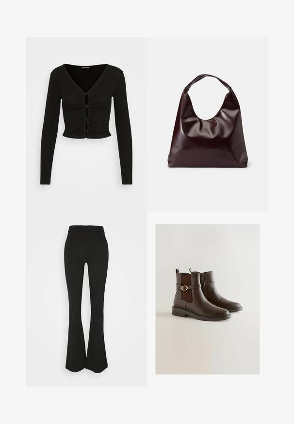 Even&Odd T-shirt à manches longues - black; Leggings noires évasées avec une texture lisse, une taille haute et une silhouette ajustée, s'élargissant en un design évasé au niveau de la cheville.; Bottines en cuir marron avec panneaux élastiques sur les côtés, sangle décorative avec boucle en or et talon bas empilé. Texture lisse et bout arrondi.; Sac en cuir vegan bordeaux, brillant, avec une forme douce et sculpturale et une large poignée incurvée pour un transport facile.