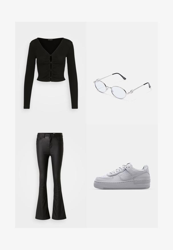 Even&Odd by Zalando Langærmet T-shirt - black; Sorte flared jeans lavet af et blankt, glat materiale. Har høj talje, forlommer og en lynlås med knaplukning.; Grå Nike Air Force 1 sneakers med perforeret tå, glat læderoverdel, tyk sål og præget 'AIR' detalje på hælen.; Sølvmetal ovale briller med klare linser, prydet med dekorative sideaccenter og sorte spidser på stængerne for bedre greb og komfort.