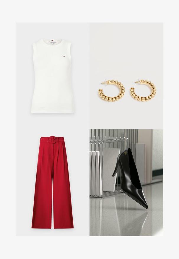 Haut sans manches en coton blanc avec un col rond et un petit logo aux couleurs rouge, blanc et bleu sur le côté gauche de la poitrine.; Pantalon rouge taille haute à jambes larges, avec plis à l'avant et ceinture assortie en tissu dotée d'une boucle rectangulaire.; Chaussure noire à talon haut avec bout pointu et logo doré, posée sur une surface réfléchissante près d'un organiseur de dossiers en fil chromé contenant des documents.; Paire de boucles d’oreilles créoles dorées avec des détails de perles arrondies le long du bord extérieur sur un fond clair.