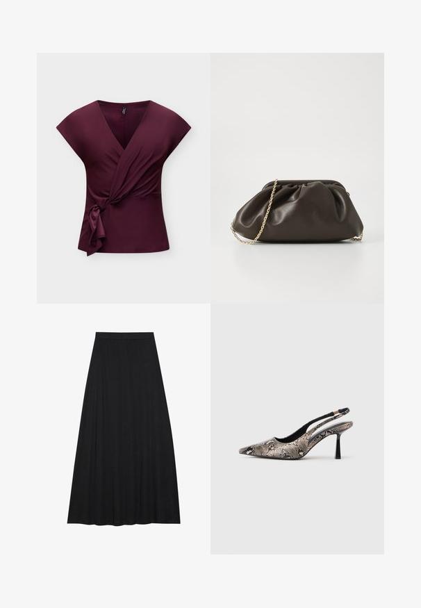 Top portefeuille sans manches couleur violet profond avec un col en V et un détail de nœud sur le côté, présenté sur un fond clair et uni.; Jupe maxi noire en tissu doux et fluide. Elle présente une taille élastique et une silhouette évasée en A avec une texture lisse.; Chaussures slingback à bout pointu en matériau à imprimé serpent texturé, avec un talon noir fin et un design découpé sur les côtés.; Sac à main en cuir marron avec un design froncé, une bandoulière en chaîne dorée et une finition douce et texturée. Sa forme compacte est idéale pour une utilisation en soirée.
