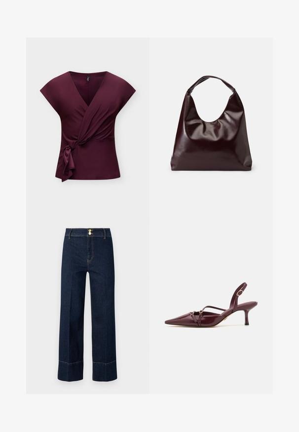 Top portefeuille sans manches couleur violet profond avec un col en V et un détail de nœud sur le côté, présenté sur un fond clair et uni.; Jeans taille haute large bleu marine avec double bouton doré et surpiqûres orange visibles sur un fond clair.; Chaussures à talons en cuir verni bordeaux, à bout pointu, avec des sangles décoratives et des accents dorés. Hauteur de talon de 5 cm.; Sac en cuir vegan bordeaux, brillant, avec une forme douce et sculpturale et une large poignée incurvée pour un transport facile.