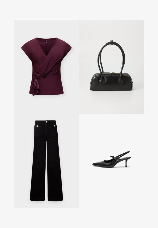 Ärmelloses, tiefviolettes Wickeltop mit V-Ausschnitt und seitlichem Knotendetail, abgebildet vor hellem, schlichten Hintergrund.; Schwarze, ausgestellte Jeans aus Denim mit hoher Taille, zwei vorderen Taschen und goldfarbenen Hardware-Akzenten. Glatte Textur, weites Bein-Design.; Schwarze Leder Slingback-Absätze mit einer spitzen Zehenform, schmalem verstellbarem Riemen und einem etwa 5 cm hohen Stiletto-Absatz, glatte Textur.; Schwarze Lederhandtasche mit zwei verlängerten Griffen, Reißverschluss und runder Form; glatte Textur mit subtiler glänzender Oberfläche.