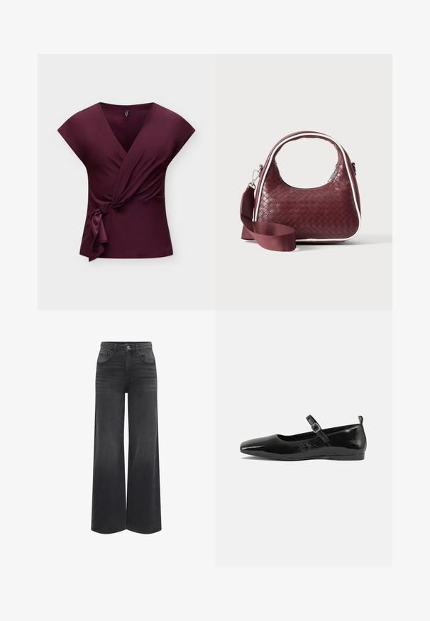 Top portefeuille sans manches couleur violet profond avec un col en V et un détail de nœud sur le côté, présenté sur un fond clair et uni.; Jean noir taille haute à jambes larges avec poches avant, passants pour ceinture et fermeture à bouton.; Chaussure plate en cuir verni noir avec un bout pointu, une sangle de cheville avec boucles, et une texture lisse et brillante. Talon bas pour le confort.; Sac à main en cuir tressé marron foncé avec poignée courbée, garniture blanche, fermeture éclair argentée et bandoulière large en tissu amovible sur fond uni.