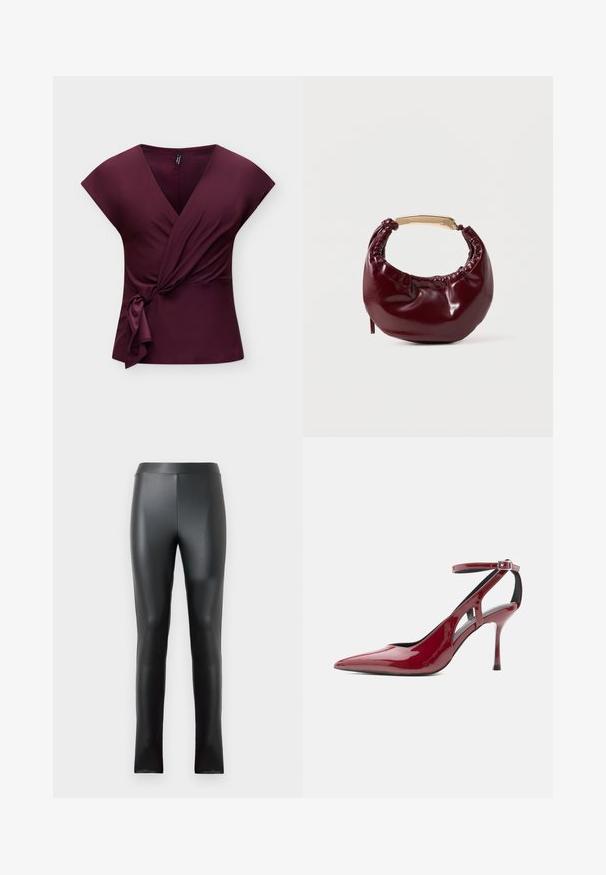 Top portefeuille sans manches couleur violet profond avec un col en V et un détail de nœud sur le côté, présenté sur un fond clair et uni.; Leggings noirs en matériau lisse et brillant, dotés d'une taille haute et d'une coupe ajustée. Aucune couture ni embellissement visibles.; Chaussure à talon haut en cuir verni rouge avec bout pointu, bride de cheville et boucle, présentée de profil sur fond blanc.; Sac à main en simili cuir bordeaux avec une forme arrondie, des détails froncés et une anse en métal doré. Texture lisse et finition brillante.
