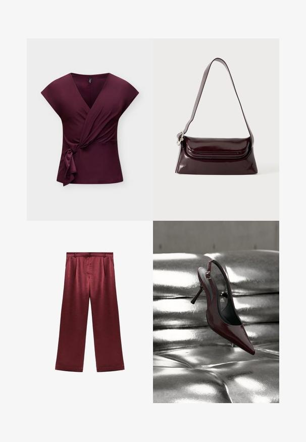 Top portefeuille sans manches couleur violet profond avec un col en V et un détail de nœud sur le côté, présenté sur un fond clair et uni.; Pantalons larges bordeaux en satin avec une texture lisse, dotés d'une taille haute et de deux poches latérales pour un détail fonctionnel.; Chaussure slingback à talon haut rouge foncé avec bout pointu reposant sur une surface matelassée argentée métallique brillante.; Sac à bandoulière en cuir bordeaux foncé avec fermeture à rabat et une fine sangle réglable, présenté sur un fond clair uni.