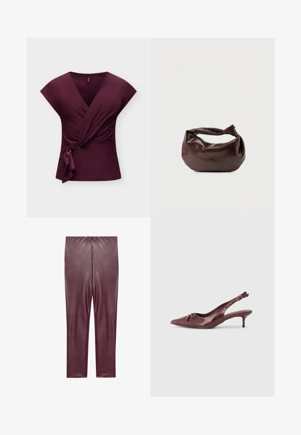 Ärmelloses, tiefviolettes Wickeltop mit V-Ausschnitt und seitlichem Knotendetail, abgebildet vor hellem, schlichten Hintergrund.; Burgunderfarbene Leggings aus Kunstleder mit glatter Textur, hoher Taille und enganliegendem Design, das bis zu den Knöcheln reicht, ohne zusätzliche Details.; Bordeauxfarbene Leder-Slingback-Pumps mit spitzem Zehenbereich, verstellbarem Riemen und dekorativem Schleifchen vorne. Absatzhöhe von 7,5 cm.; Dunkelbraune Lederschultertasche mit weicher, lockerer Form und einem gedrehten Knotengriff vor schlichtem weißem Hintergrund.