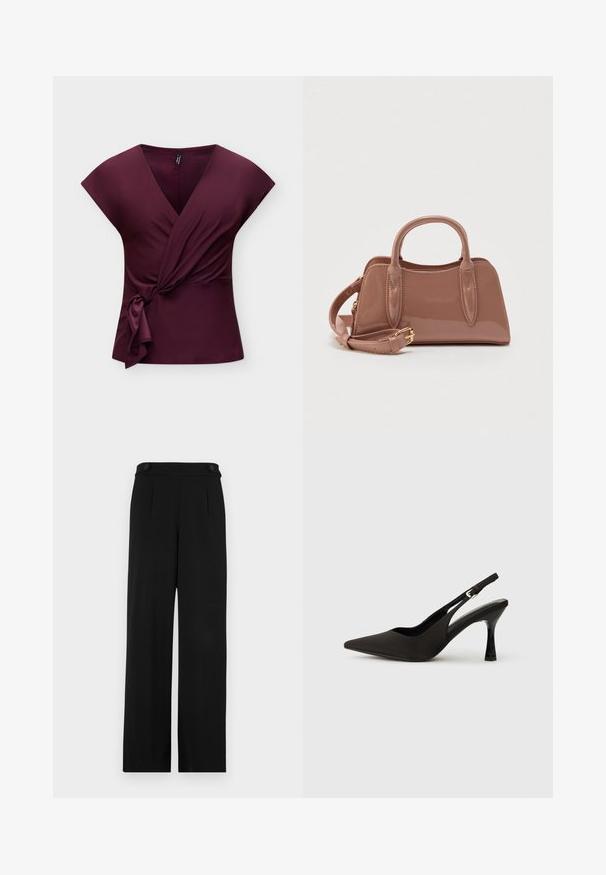 Ärmelloses, tiefviolettes Wickeltop mit V-Ausschnitt und seitlichem Knotendetail, abgebildet vor hellem, schlichten Hintergrund.; Schwarze weite Hosen mit flacher Vorderseite, zwei Knöpfen am Bund und einem glatten Stofftextur. Maßgeschneiderte Passform mit Falten für die Form.; Schwarze Slingback-Absatzschuhe mit spitzem Zehenbereich, glattem, mattem Finish und schmalem, glanzvollem Absatz. Verstellbarer Riemen mit kleiner Schnallen-Detail.; Glänzende rosafarbene Handtasche mit zwei oberen Griffen, einem abnehmbaren Schulterriemen und dekorativen Ziernähten. Kompakte, strukturierte Form.
