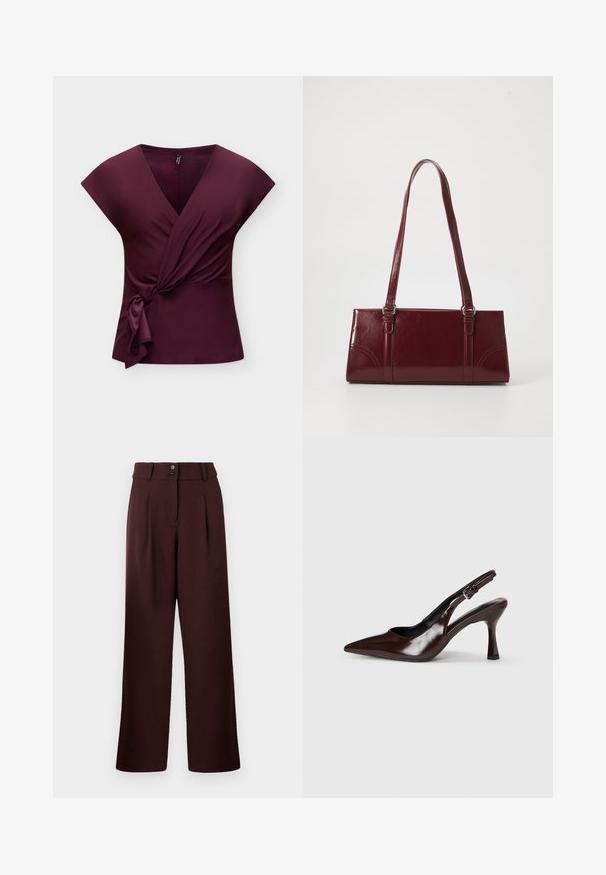Top portefeuille sans manches couleur violet profond avec un col en V et un détail de nœud sur le côté, présenté sur un fond clair et uni.; Pantalons évasés en bordeaux foncé, avec une taille haute, deux plis à l'avant et une fermeture à deux boutons. Fabriqués en tissu texturé.; Talons slingback en cuir verni brun avec un bout pointu, un talon fin, et une sangle réglable avec une petite boucle.; Sac à main bordeaux en matériau brillant, de forme rectangulaire, avec deux anses et des accents légèrement courbés à l'avant.