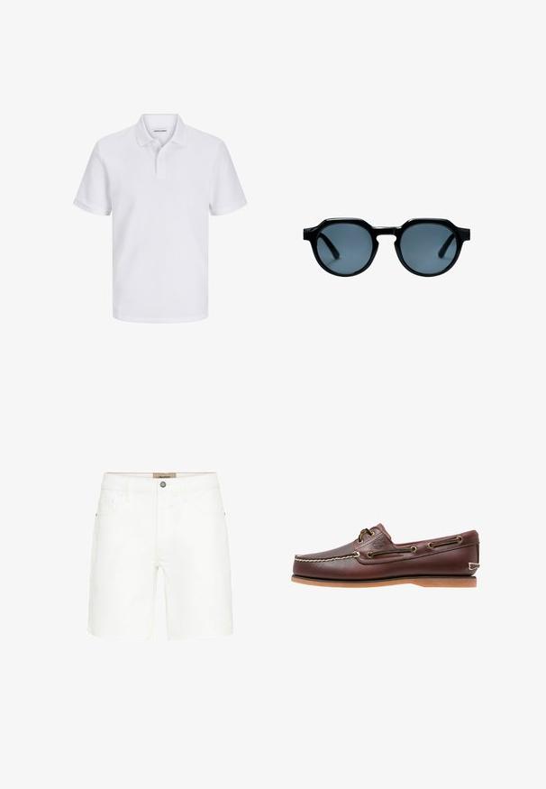 Weißes Poloshirt aus strukturiertem Stoff, mit Knopfleiste, kurzen Ärmeln und kleinem Logo auf der Brust.; Weiße Denim-Shorts mit einem klassischen Fünf-Taschen-Design, Metallknopfverschluss und kontrastierenden Stickdetails. Glatte Textur und gerader Schnitt.; Brauner Leder-Bootsschuh mit weißen Nähten, Schnürdetails und hellbrauner Gummisohle, seitlich auf weißem Hintergrund gezeigt.; Schwarze runde Sonnenbrille mit dicken Fassungen und dunkel getönten Gläsern, vor weißem Hintergrund präsentiert.