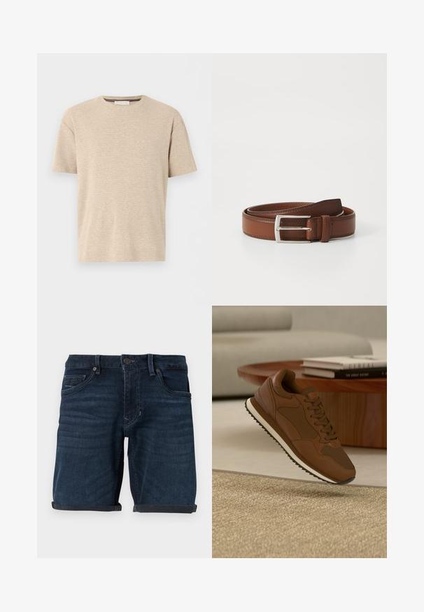 Beiges kurzärmeliges Baumwoll-T-Shirt mit Rundhalsausschnitt und subtiler horizontaler Textur, auf weißem Hintergrund dargestellt.; Dunkelblaue Denim-Shorts mit umgeschlagenen Säumen, mit Fronttaschen, einem Knopfverschluss und einem Markenetikett auf der Gesäßtasche.; Brauner Sneaker mit weißer Sohle, schwebend über einem beigen Teppich vor einem Holztisch mit gestapelten Büchern und hellgrauem Sofa im Hintergrund.; Brauner Ledergürtel mit glatter Oberfläche, ausgestattet mit einer silbernen Metallschnalle und feinen Nähten entlang der Kanten. Klassisches und robustes Design.