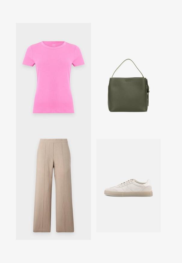 Helles pinkfarbenes, kurzärmeliges, geripptes Baumwoll-T-Shirt mit Rundhalsausschnitt, dargestellt auf weißem Hintergrund.; Beige weit geschnittene Hose aus leichtem Stoff, mit vorderen Falten, einem glatten Bund und geradem Schnitt mit sauberen Säumen.; Beige Wildleder-Sneaker mit niedrigem Profil, ausgestattet mit einer strukturierten Oberseite, tonalen Nähten und einer hellen Gummisohle. Schnürsenkel runden das Design ab.; Olivgrüne Lederhandtasche mit einem einzelnen Schulterriemen und einer minimalistischen, rechteckigen Silhouette.