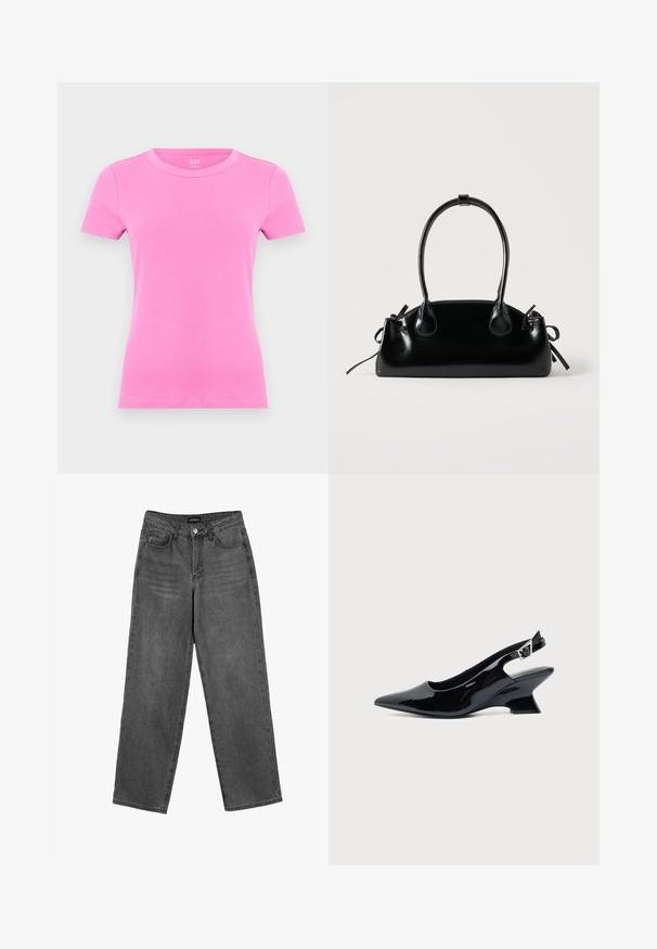 T-shirt court à manches courtes en coton côtelé de couleur rose vif avec col rond, présenté sur un fond blanc uni.; Jean droit noir taille haute avec bouton avant et poches, présenté sur un fond blanc.; Chaussure slingback en cuir verni noir avec bout pointu et petit talon bloc incliné sur fond clair uni.; Petit sac à main noir brillant avec deux longues anses et des détails à cordon sur les côtés sur un fond clair uni.
