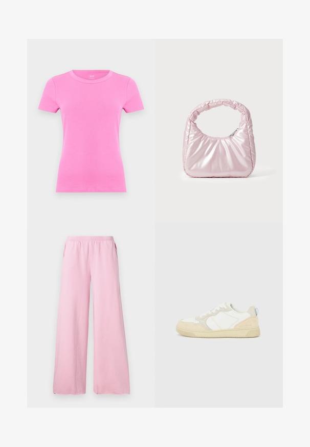 Camiseta rosa brillante de algodón acanalado, de manga corta y cuello redondo, mostrada sobre un fondo blanco liso.; Pantalones de pierna ancha rosa, hechos de una tela suave, con una cintura elástica y bolsillos laterales. Presenta un corte recto y fluido.; Zapatilla blanca y beige con parte superior de ante y textil, con costuras en contraste, suela de goma y un detalle en azul claro en el talón.; Bolso de mano acolchado en color rosa con un diseño redondeado, fabricado en material brillante. Presenta un asa fruncida y un cierre de cremallera para un acceso seguro.