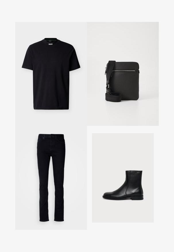 Sort kortærmet crew neck-T-shirt med hvid "BOSS"-logo på kraven, vist på en hvid baggrund.; Sorte denimjeans med slim fit, fem-lomme design, synlig syning og knappelukning. Glat tekstur uden yderligere mønstre.; Sort glat læderankelstøvle med lav hæl og sidelukning med lynlås, mærket Hugo nær den øverste kant.; Sort læder crossbody taske med en tekstureret overflade, lynlåslomme foran og en justerbar stofrem. Enkel firkantet design.