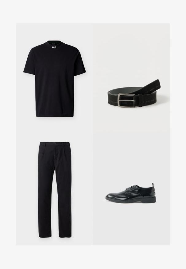 T-shirt noir à manches courtes et col rond avec logo "BOSS" blanc sur le col, présenté sur un fond blanc.; Pantalon noir en mélange de coton, avec une coupe droite classique, fermeture à bouton et sans motifs ni embellissements visibles.; Chaussure habillée en cuir noir brillant avec un petit talon, fermeture à lacets et bout rond, vue de côté sur un fond uni et clair.; Ceinture en cuir noir avec boucle rectangulaire argentée, embossée du logo "BOSS" répété, enroulée sur fond blanc.