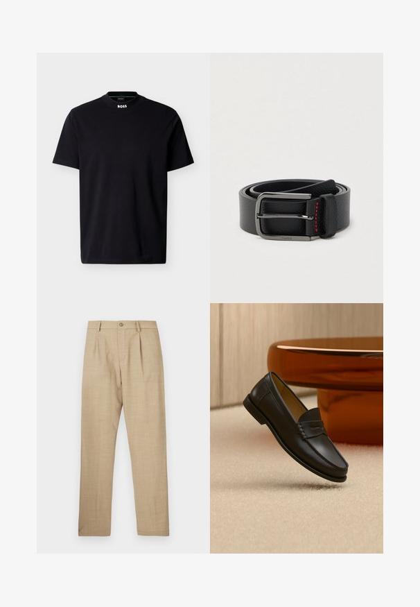 T-shirt noir à manches courtes et col rond avec logo "BOSS" blanc sur le col, présenté sur un fond blanc.; Pantalon beige ajusté avec fermeture à boutons et fermeture éclair, passants pour ceinture et plis plats à l'avant, présenté à plat sur un fond blanc.; Chaussure mocassin en cuir noir suspendue au-dessus d’un tapis beige avec du mobilier moderne couleur ambre en arrière-plan.; Ceinture en cuir noir avec une boucle argentée et des coutures rouges, enroulée sur un fond clair uni.