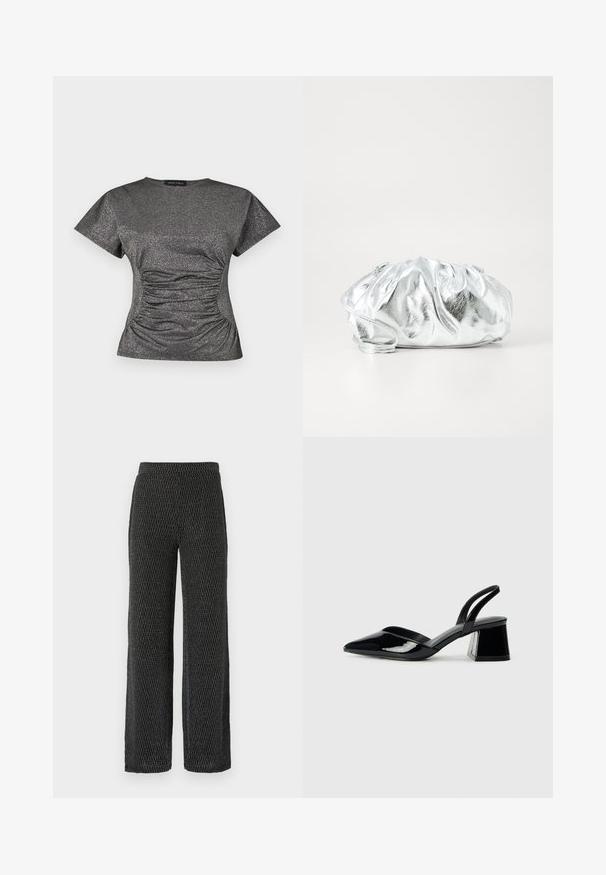 Haut à manches courtes en gris métallique scintillant, avec un col rond et des détails de fronces à la taille.; Pantalons à jambes larges en tricot noir texturé avec un motif subtil. Dotés d'une taille élastique et d'un tissu doux et respirant pour le confort.; Escarpins en cuir verni noir avec bout pointu et talon bloc géométrique. Présente un design élégant et minimaliste ainsi qu'une texture lisse.; Pochette argent métallique avec un corps doux et froncé et une fine bandoulière. Présente une texture lisse et brillante ainsi qu'une forme arrondie.