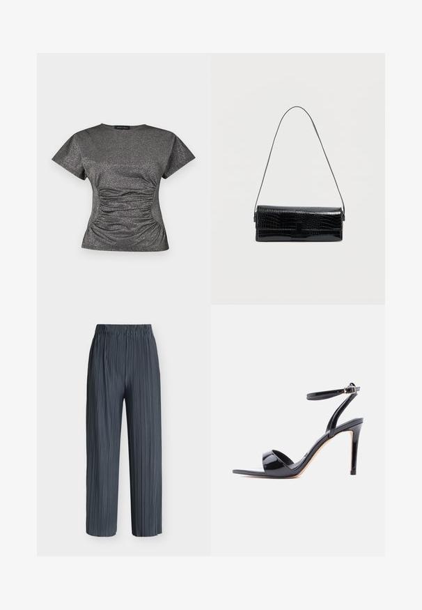 Haut à manches courtes en gris métallique scintillant, avec un col rond et des détails de fronces à la taille.; Pantalon gris foncé à jambes larges avec plis verticaux et taille élastique, présenté sur un fond blanc uni.; Sandale à talon haut en cuir verni noir, à bout ouvert, avec bride à la cheville et fermeture à boucle, vue de profil sur fond blanc.; Sac à bandoulière en cuir noir effet croco, forme rectangulaire, texture brillante, avec une fine sangle réglable et une fermeture à rabat frontale.