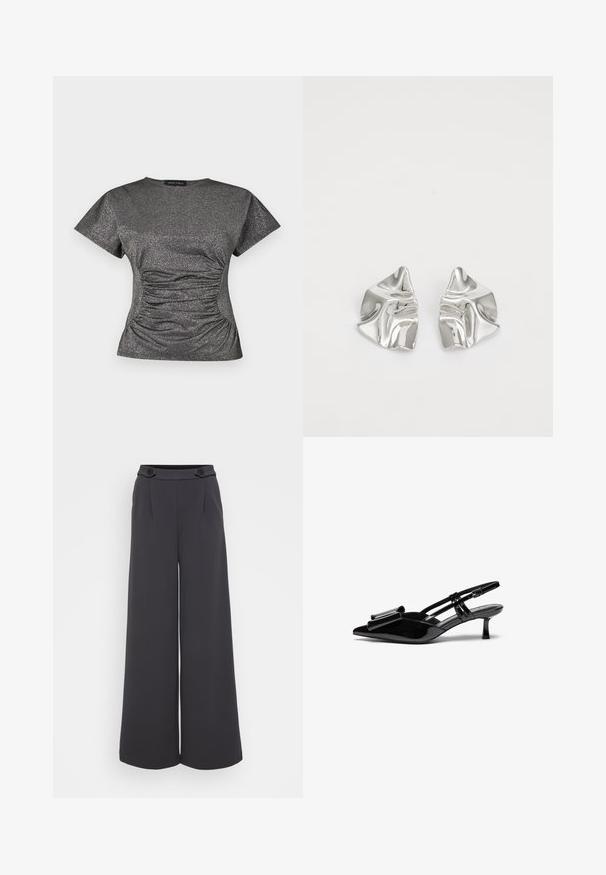 Top de manga corta en gris oscuro con brillo metálico, con un escote redondo y detalle de fruncido recogido en la cintura.; Pantalones de pierna ancha en tejido gris oscuro. Presenta pliegues en la parte frontal y dos botones decorativos en la cintura. Textura suave y forma entallada.; Zapatos de tacón slingback de charol negro con punta afilada, detalle de lazo en el frente y un pequeño tacón de aguja. Las correas tienen hebillas ajustables.; Pendientes de metal plateado con un diseño ondulado y escultórico, que presentan un acabado pulido y formas irregulares, destacando una estética contemporánea.
