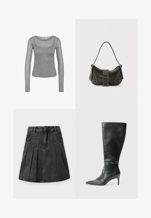 Grijze geribbelde gebreide top met lange mouwen, een ronde halslijn en een nauwsluitend silhouet.; Zwarte denimrok met een geplooid ontwerp, riemlussen, voorzakken en een knoopsluiting. Glad textuur met een lichte glans.; Zwarte leren kniehoge laarzen met een slanke hak, puntige neus en banddetail bij de enkel. Gladde textuur en aansluitend ontwerp.; Zwarte leren schoudertas met gespsluiting aan de riem, afgeronde hoeken en contrasterende witte stiksels op een effen achtergrond.