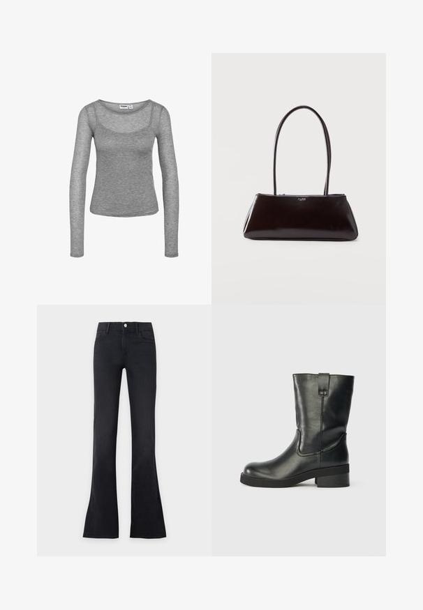 Haut gris à manches longues en maille côtelée avec un décolleté arrondi et une silhouette ajustée.; Jeans noirs taille haute flare avec bouton sur le devant et poches, présentés sur un fond clair uni.; Botte en cuir noire mi-mollet avec un petit talon, bout rond et une languette sur le côté, sur un fond uni.; Sac à main rectangulaire noir en cuir avec de longues lanières fines et un petit logo "ALDO" au centre de l'avant.