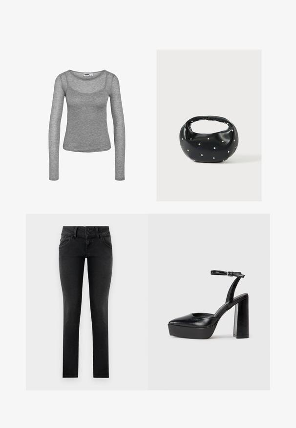 Grijze geribbelde gebreide top met lange mouwen, een ronde halslijn en een nauwsluitend silhouet.; Zwarte denim skinny jeans met een dubbele knoop in de tailleband, voorzakken en een gladde, gestructureerde afwerking. Standaard pasvorm, volledig lengte ontwerp.; Zwarte plateauhakken met een puntige neus en verstelbare enkelband. Gemaakt van soepel leer, met een robuuste blokhak.; Zwarte leren handtas met een afgeronde vorm, versierd met zilveren studs, en een korte handgreep. Gladde textuur en ritsluiting.