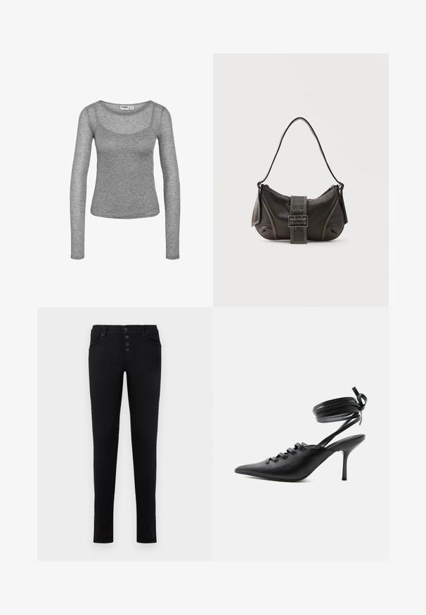 Haut gris à manches longues en maille côtelée avec un décolleté arrondi et une silhouette ajustée.; Jean en denim noir avec une coupe slim, cinq poches et un bouton. Présente une texture lisse et des lignes épurées.; Chaussure à talon haut noire à bout pointu avec laçage à l'avant et brides enroulées autour de la cheville nouées en nœud, vue de côté sur fond blanc.; Sac à épaule en cuir noir avec une sangle à boucle, des bords arrondis et des coutures blanches contrastées sur un fond uni.
