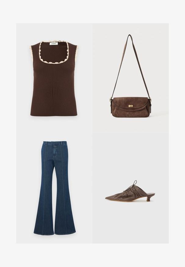 Pruun soonikuga varrukateta top ruudukujulise kaelusega ja beežide pitsdetailidega ääres, sildistatud Sandro.; Tumed sinised teksapüksid, millel on struktureeritud õmblused ja puhas viimistlus. Omab keskmise tõusuga vööd ja laiad, voolavad sääred.; Pruun nahast mule terava noodiga, kogutud tekstuuriga, väikese kandiga ja stringi aktsendiga avamisel. Sile viimistlus.; Pruun seemisnahast õlakott pika reguleeritava rihmaga ja kuldse keeresulgu lukuga esi klapi peal.